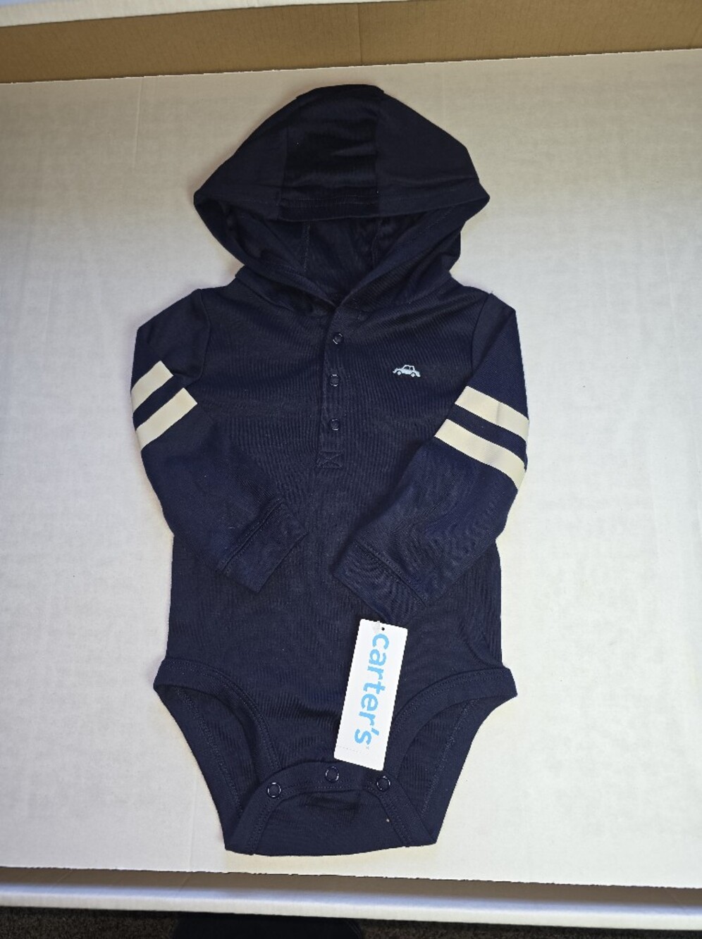 Carter's Navy Hooded Bodysuit with Cream Stripe Accents